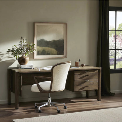 Marcela Desk by Four Hands in grey reclaimed french oak, dark brass. Made from solid reclaimed oak, brass in a modern style.
