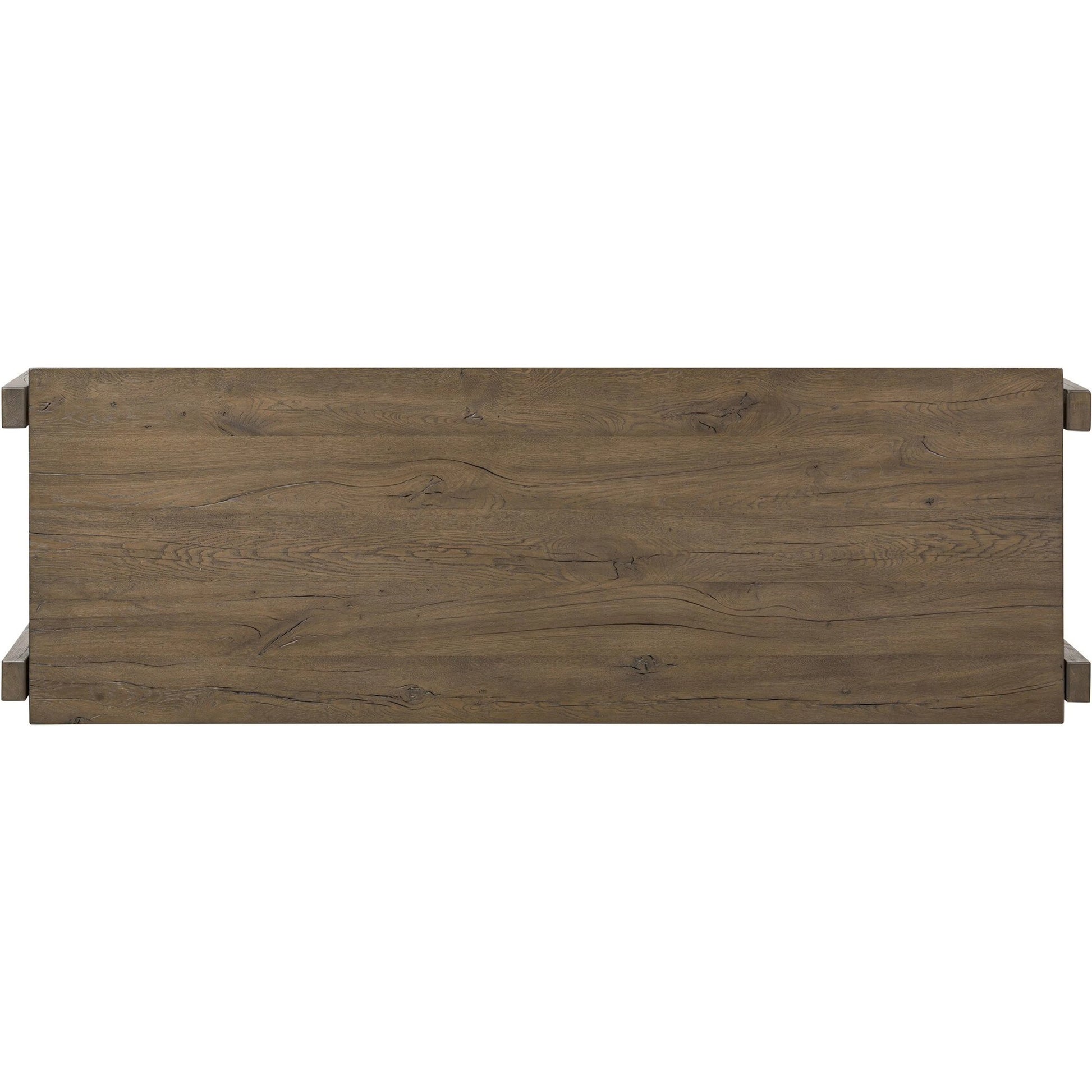 Marcela Desk by Four Hands in grey reclaimed french oak, dark brass. Made from solid reclaimed oak, brass in a modern style.