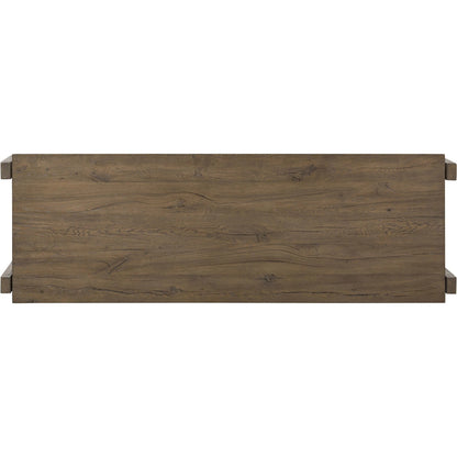 Marcela Desk by Four Hands in grey reclaimed french oak, dark brass. Made from solid reclaimed oak, brass in a modern style.