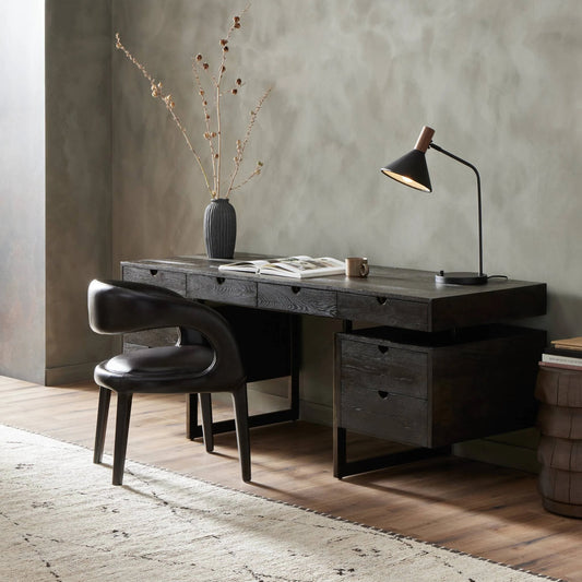 Augusto Desk by Four Hands in dark espresso. Made from solid reclaimed oak, steel, brass in a modern style.