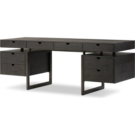 Augusto Desk by Four Hands in dark espresso. Made from solid reclaimed oak, steel, brass in a modern style.