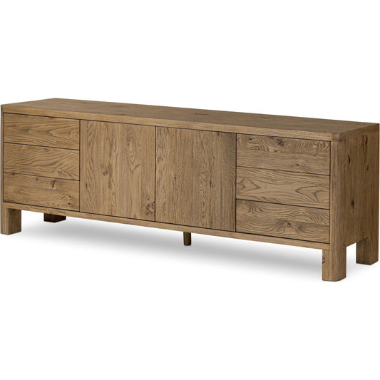 Noeline Media Console by Four Hands in resawn worn oak. Made from resawn oak, engineered hardwood, solid oak in a unique style.