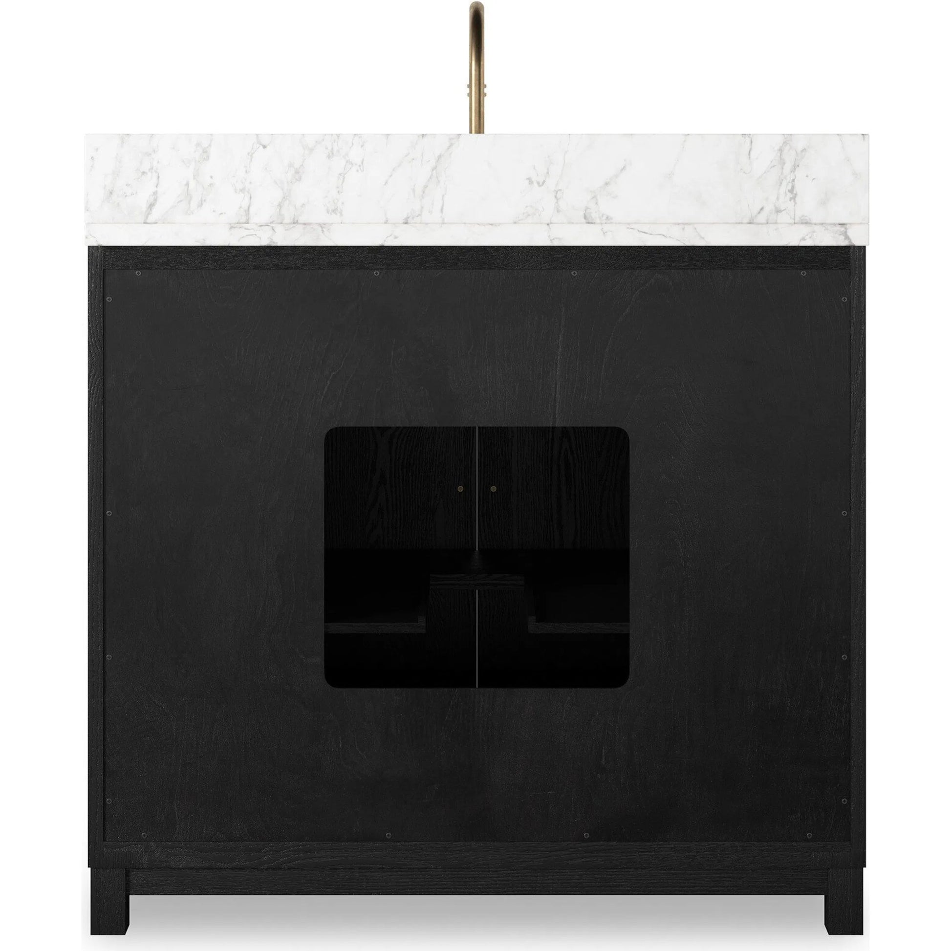 Millie Single Vanity by Four Hands in satin drifted black veneer, carrara marble. Made from oak veneer, solid marble in a modern style.