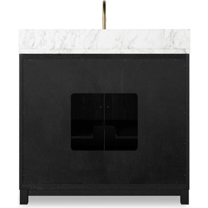 Millie Single Vanity by Four Hands in satin drifted black veneer, carrara marble. Made from oak veneer, solid marble in a modern style.