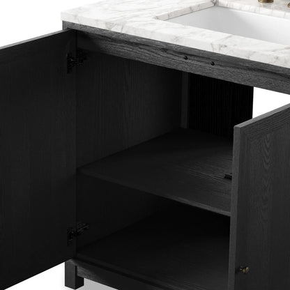 Millie Single Vanity by Four Hands in satin drifted black veneer, carrara marble. Made from oak veneer, solid marble in a modern style.