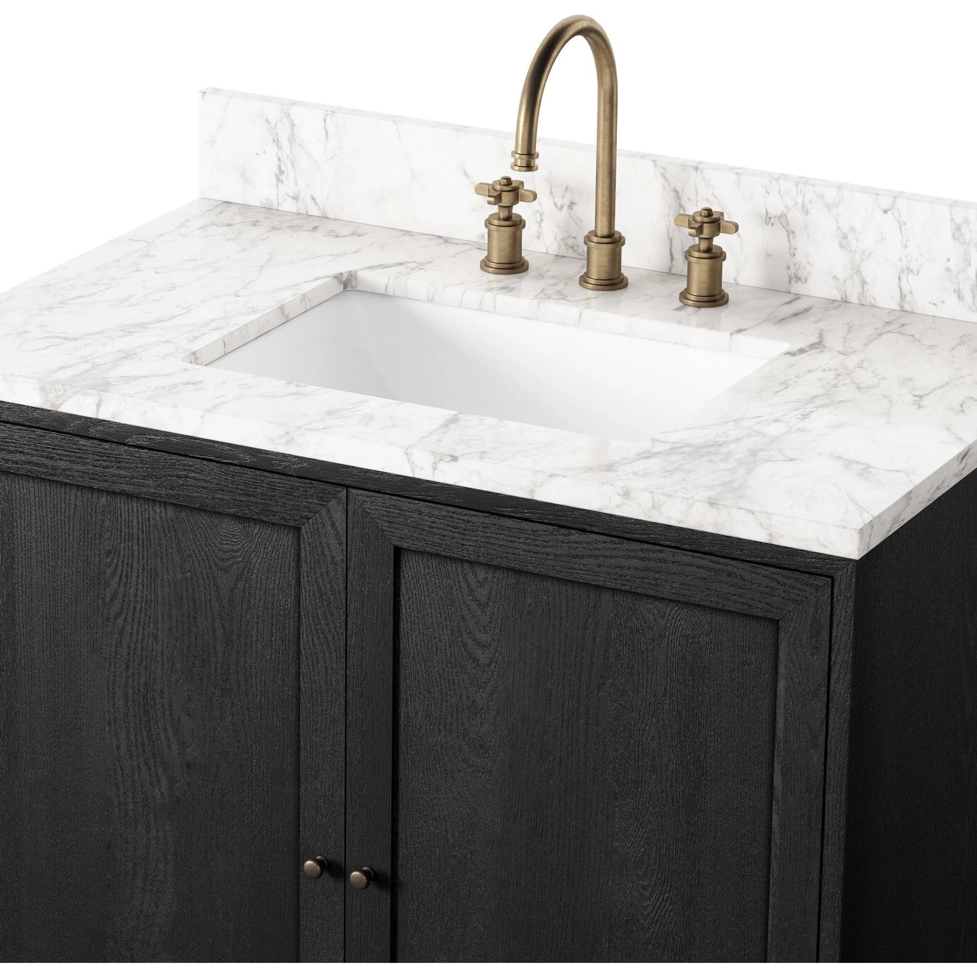 Millie Single Vanity by Four Hands in satin drifted black veneer, carrara marble. Made from oak veneer, solid marble in a modern style.