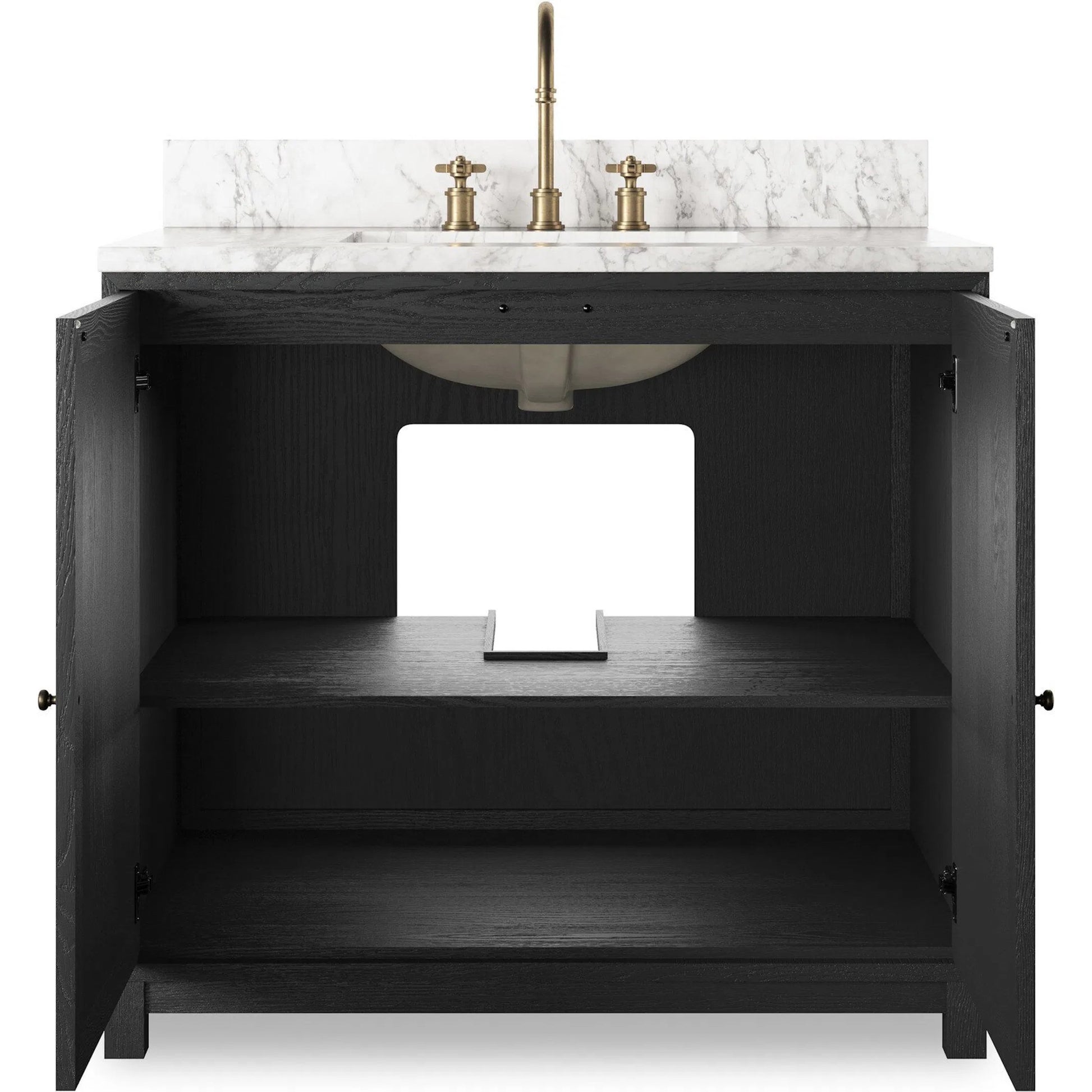 Millie Single Vanity by Four Hands in satin drifted black veneer, carrara marble. Made from oak veneer, solid marble in a modern style.