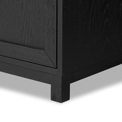 Millie Single Vanity by Four Hands in satin drifted black veneer, carrara marble. Made from oak veneer, solid marble in a unique style.