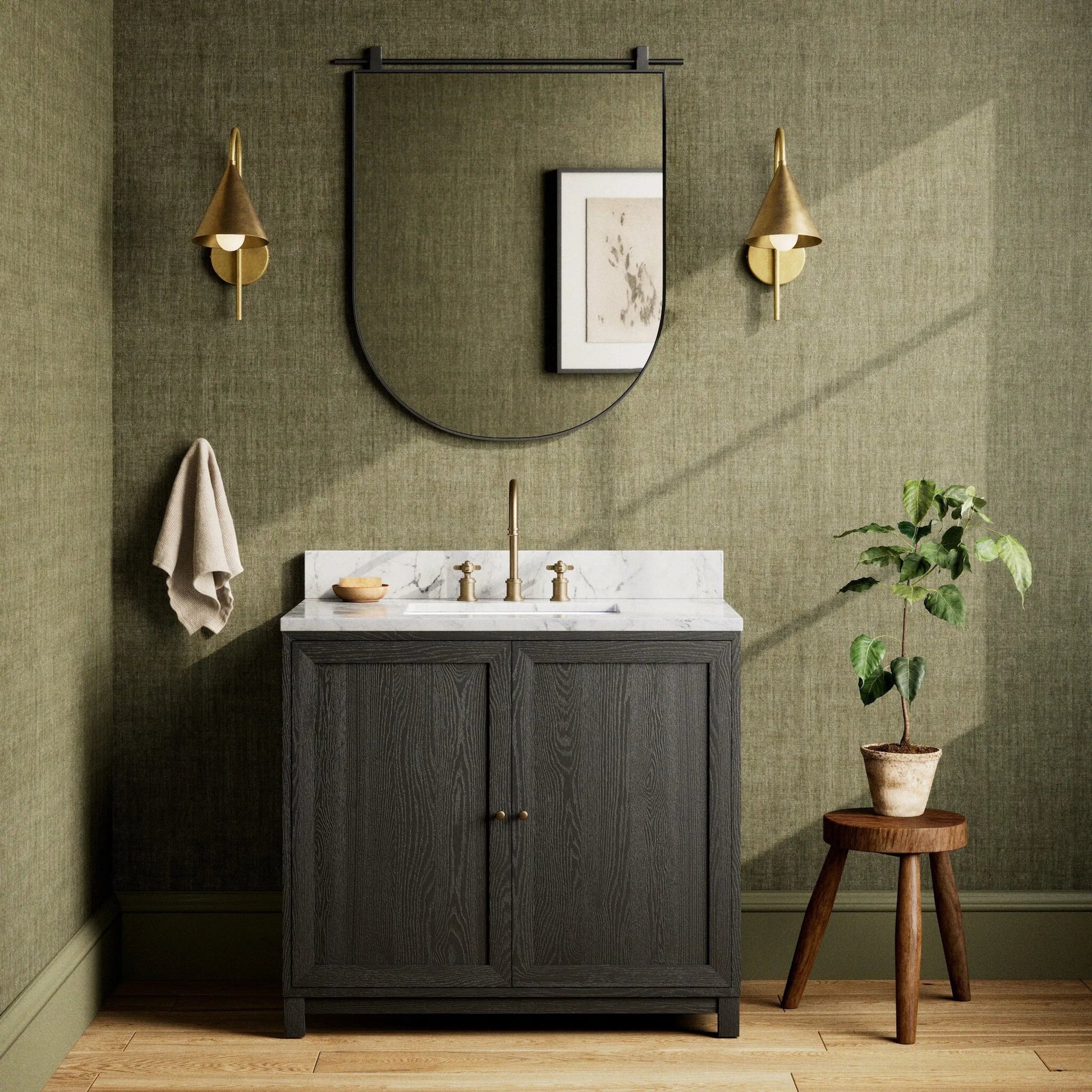 Millie Single Vanity by Four Hands in satin drifted black veneer, carrara marble. Made from oak veneer, solid marble in a modern style.
