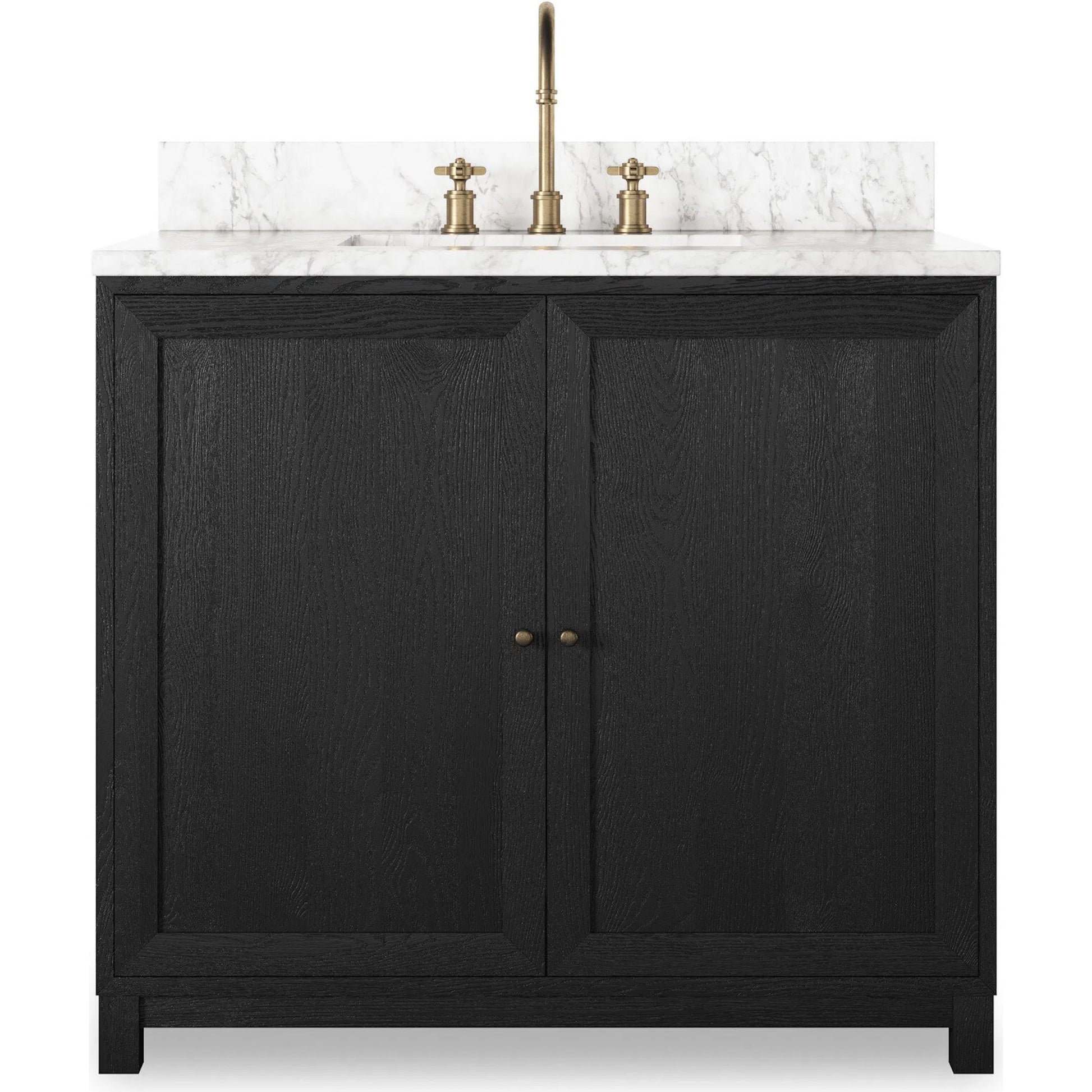 Millie Single Vanity by Four Hands in satin drifted black veneer, carrara marble. Made from oak veneer, solid marble in a modern style.