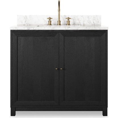 Millie Single Vanity by Four Hands in satin drifted black veneer, carrara marble. Made from oak veneer, solid marble in a modern style.