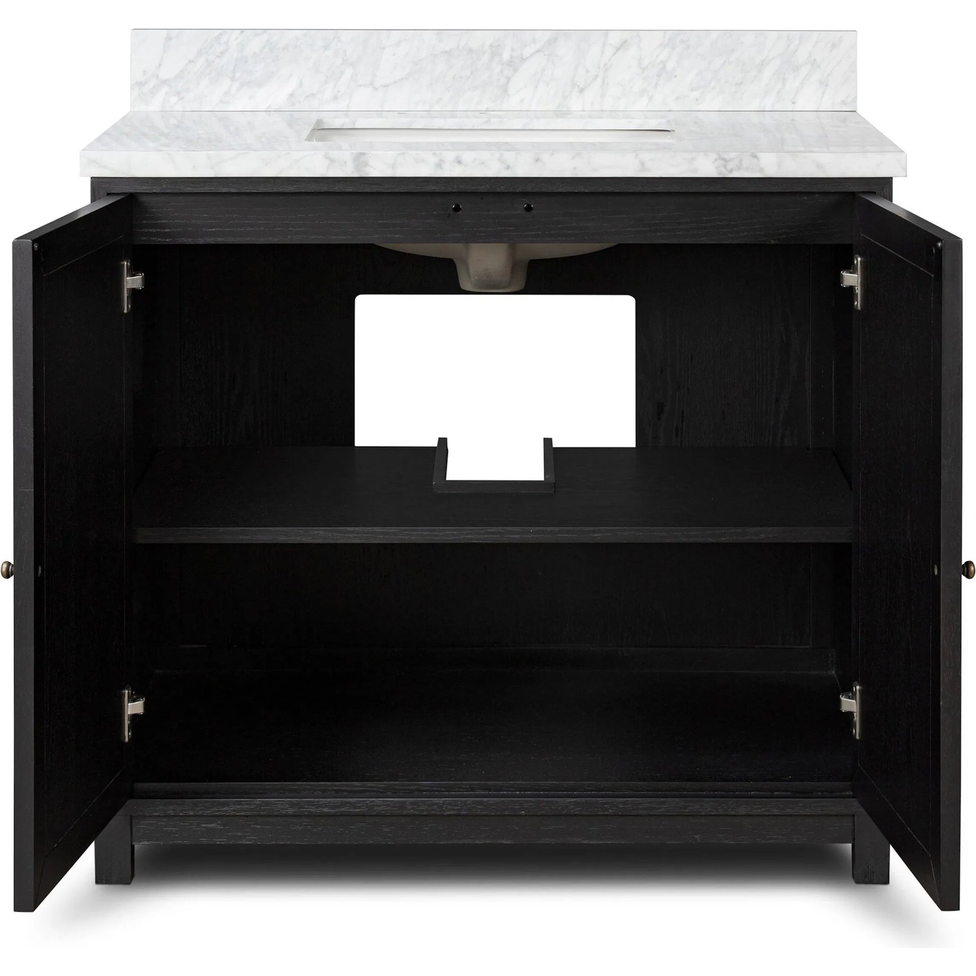 Millie Single Vanity by Four Hands in satin drifted black veneer, carrara marble. Made from oak veneer, solid marble in a modern style.