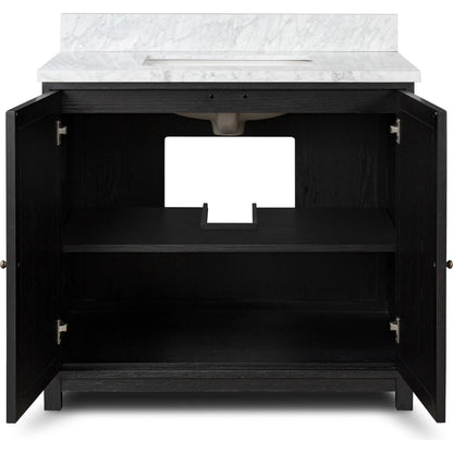 Millie Single Vanity by Four Hands in satin drifted black veneer, carrara marble. Made from oak veneer, solid marble in a modern style.