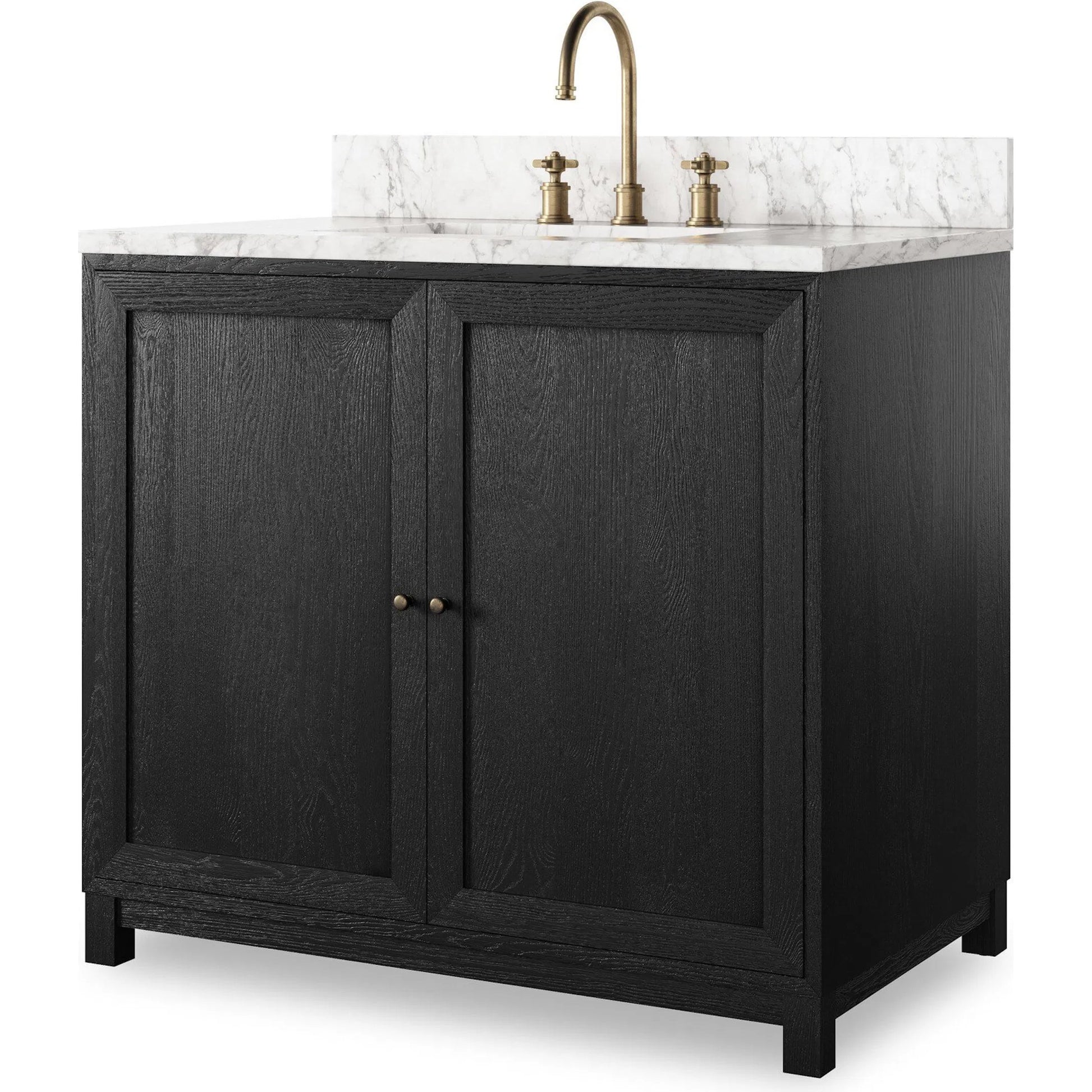 Millie Single Vanity by Four Hands in satin drifted black veneer, carrara marble. Made from oak veneer, solid marble in a modern style.