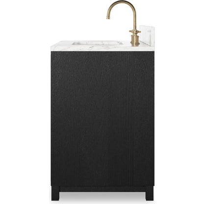 Millie Single Vanity by Four Hands in satin drifted black veneer, carrara marble. Made from oak veneer, solid marble in a modern style.