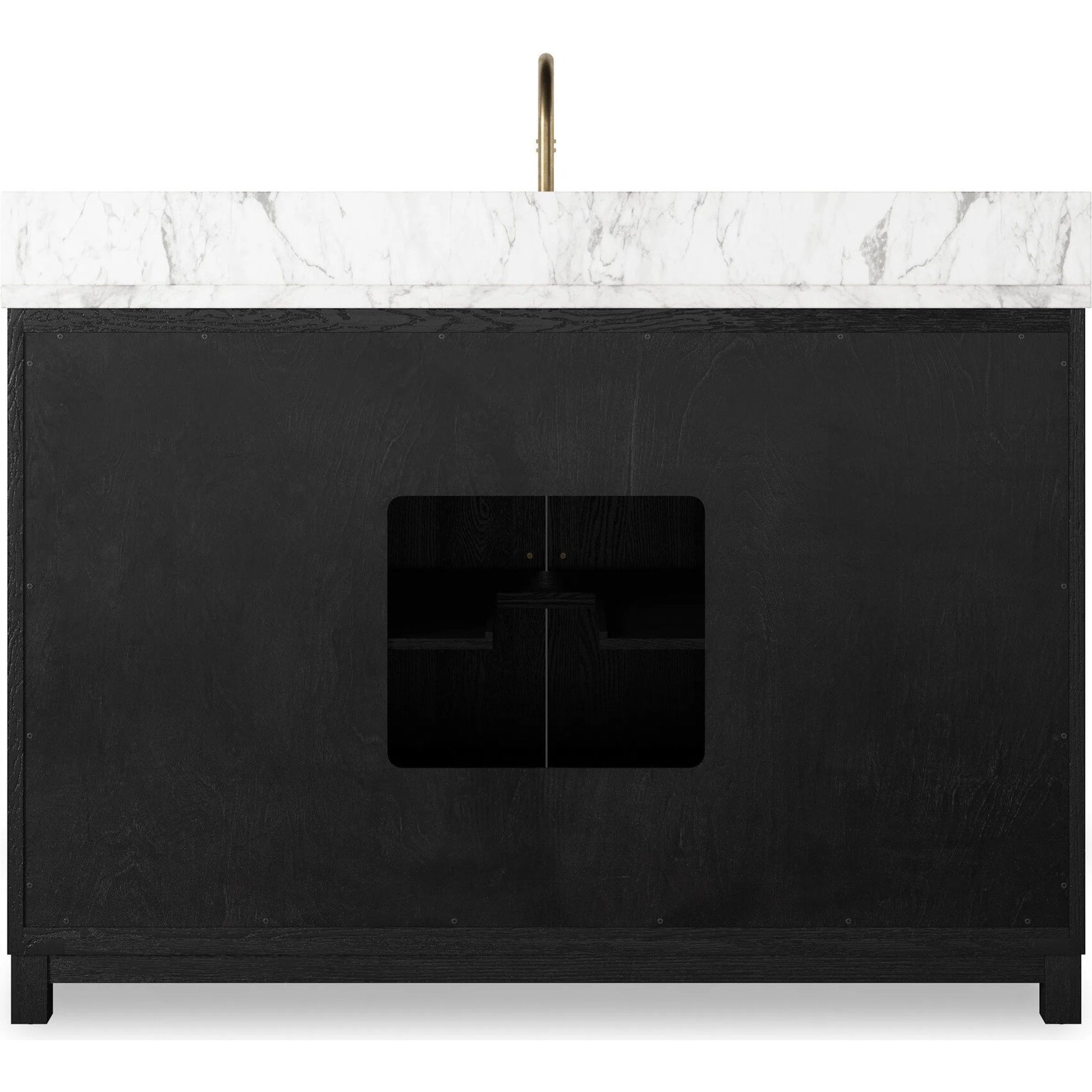 Millie Single Wide Vanity by Four Hands in satin drifted black veneer, carrara marble. Made from oak veneer, solid marble in a unique style.