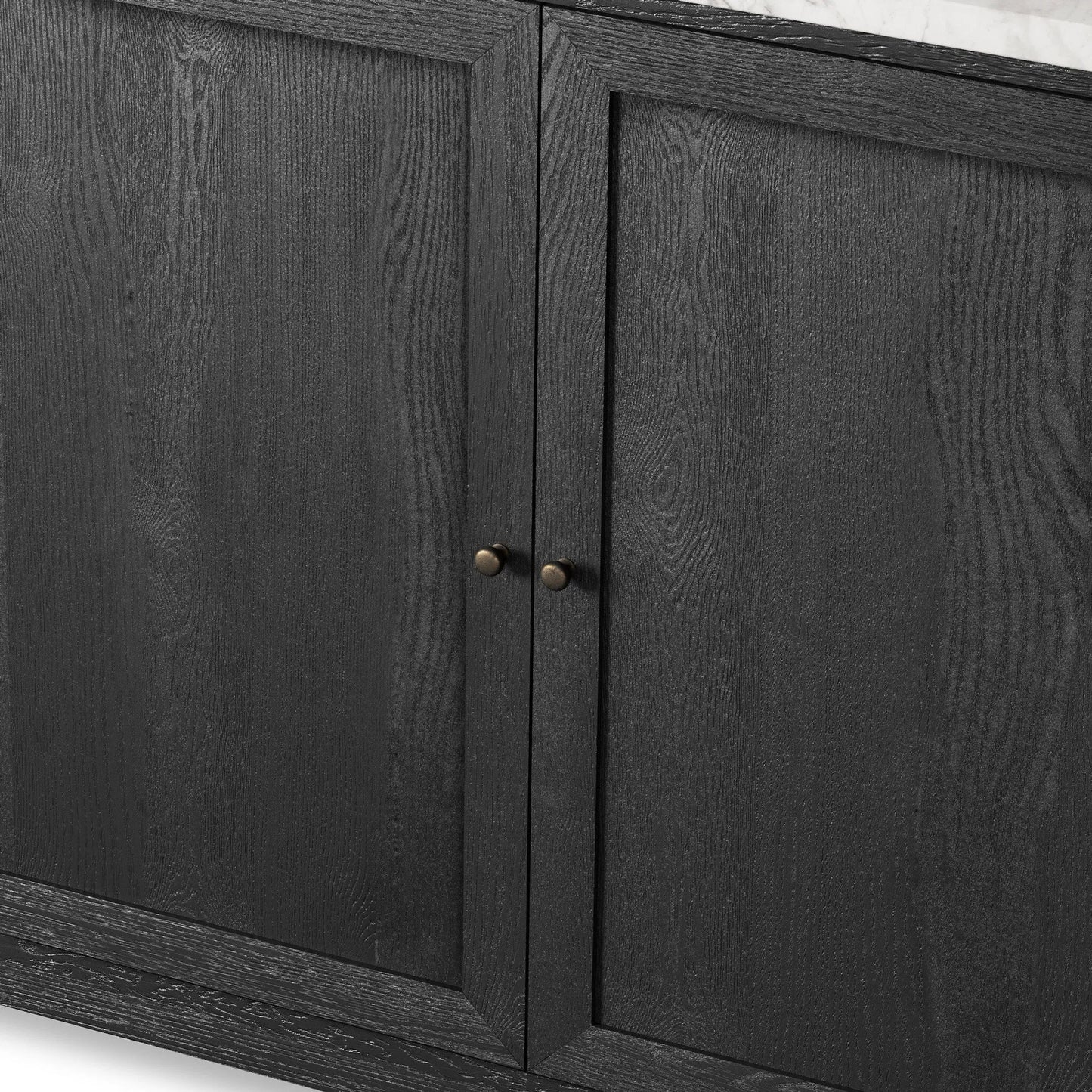 007 SI-2377103 | Closeup | Millie Single Wide Vanity by Four Hands in satin drifted black veneer, carrara marble. Made from oak veneer, solid marble in a unique style.