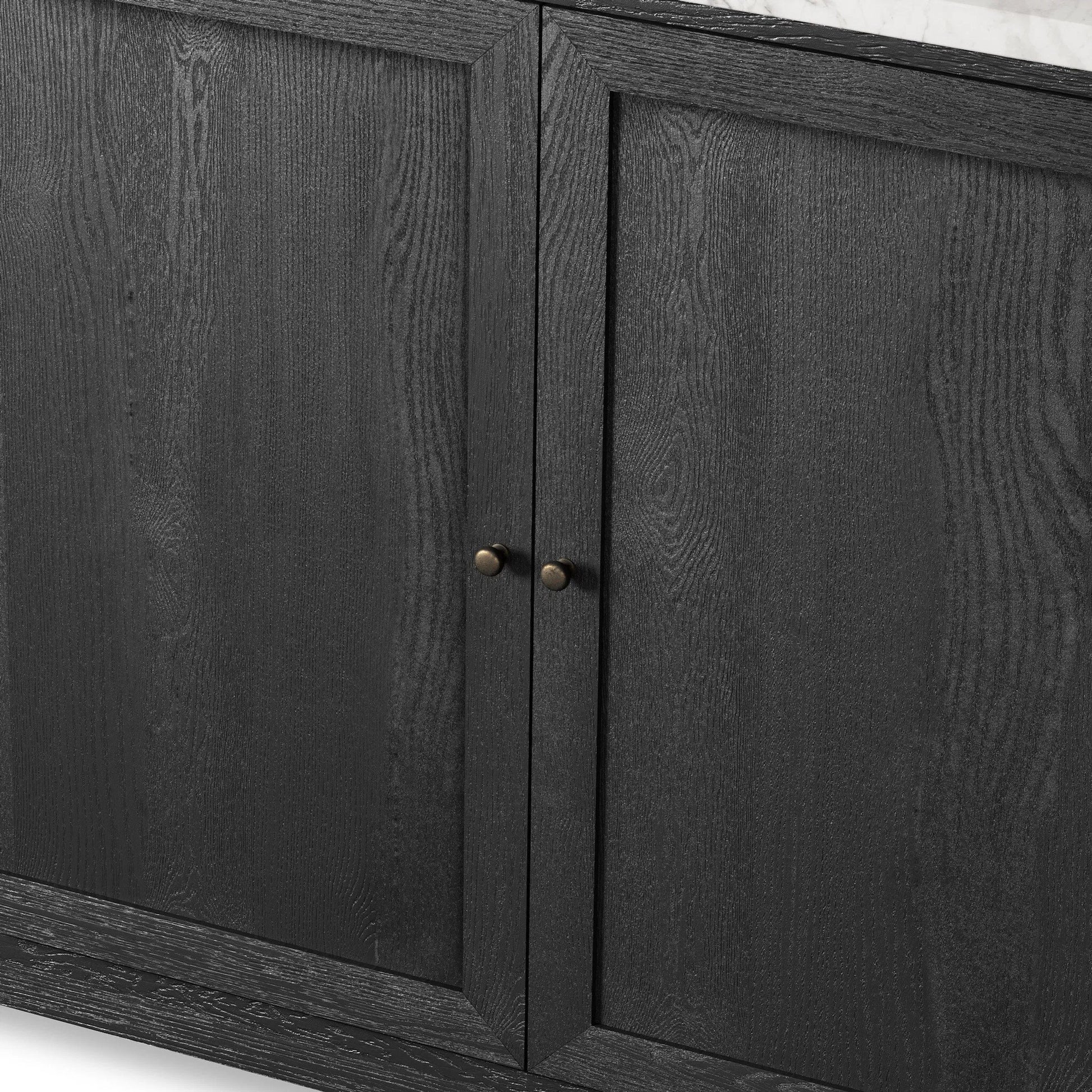 Millie Single Wide Vanity by Four Hands in satin drifted black veneer, carrara marble. Made from oak veneer, solid marble in a unique style.
