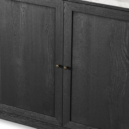 Millie Single Wide Vanity by Four Hands in satin drifted black veneer, carrara marble. Made from oak veneer, solid marble in a unique style.