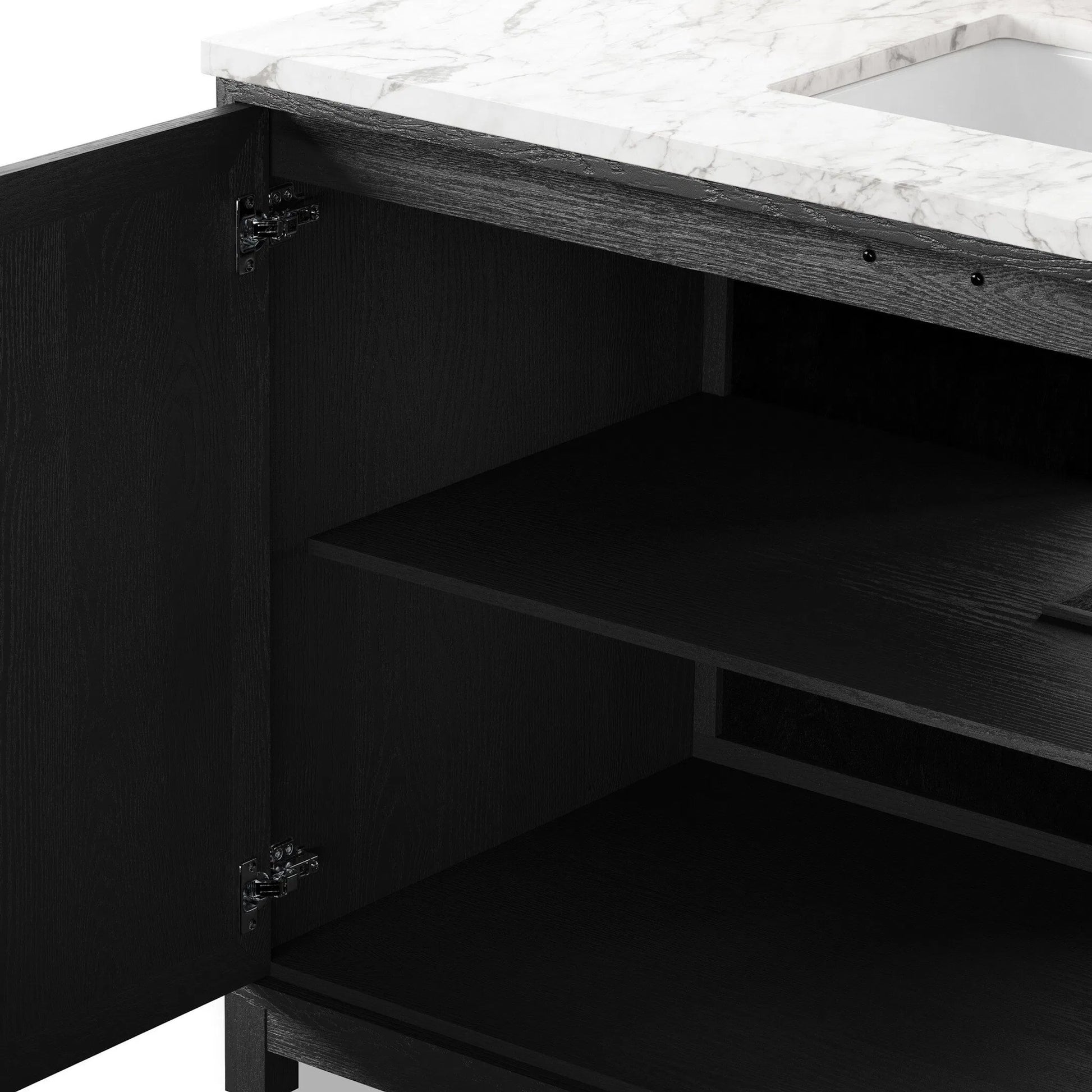 Millie Single Wide Vanity by Four Hands in satin drifted black veneer, carrara marble. Made from oak veneer, solid marble in a unique style.