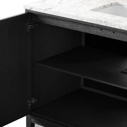 Millie Single Wide Vanity by Four Hands in satin drifted black veneer, carrara marble. Made from oak veneer, solid marble in a unique style.
