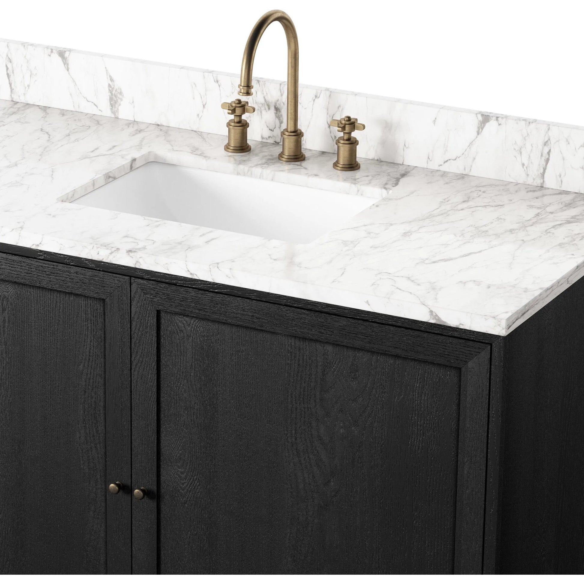 Millie Single Wide Vanity by Four Hands in satin drifted black veneer, carrara marble. Made from oak veneer, solid marble in a unique style.