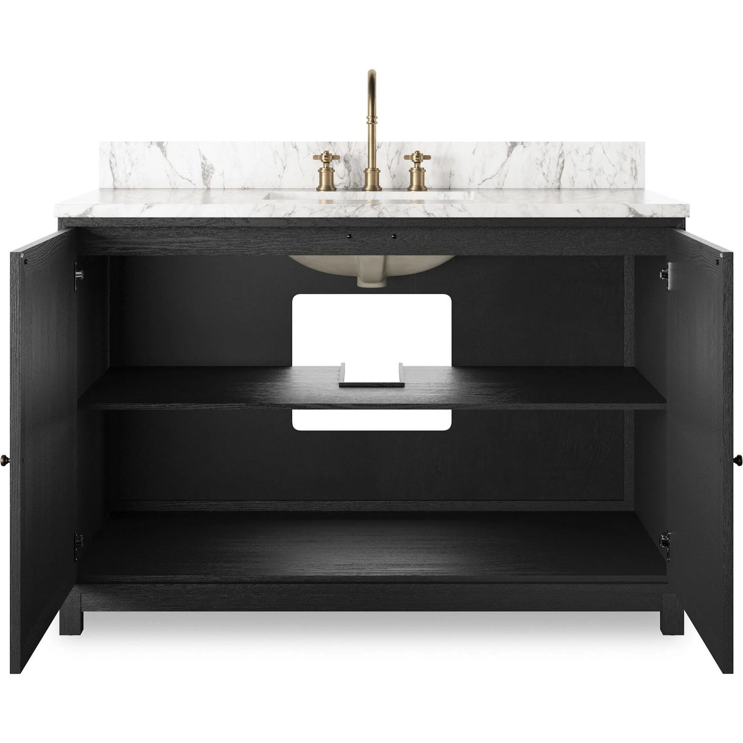 010 SI-2377103 | Closeup | Millie Single Wide Vanity by Four Hands in satin drifted black veneer, carrara marble. Made from oak veneer, solid marble in a unique style.