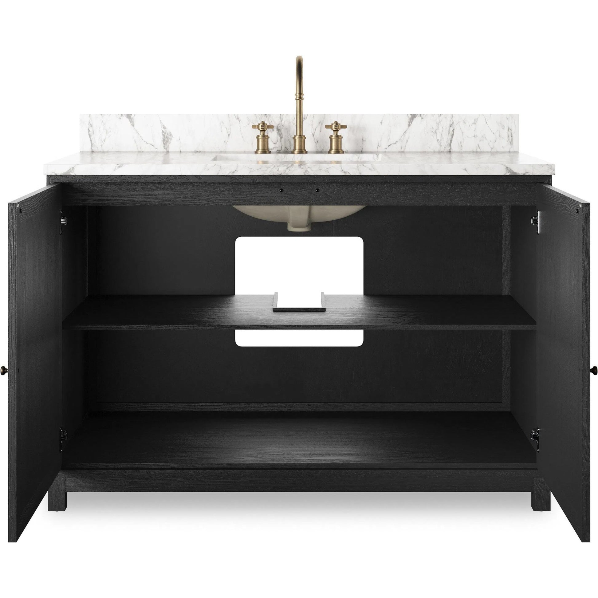 Millie Single Wide Vanity by Four Hands in satin drifted black veneer, carrara marble. Made from oak veneer, solid marble in a unique style.