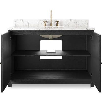 Millie Single Wide Vanity by Four Hands in satin drifted black veneer, carrara marble. Made from oak veneer, solid marble in a unique style.