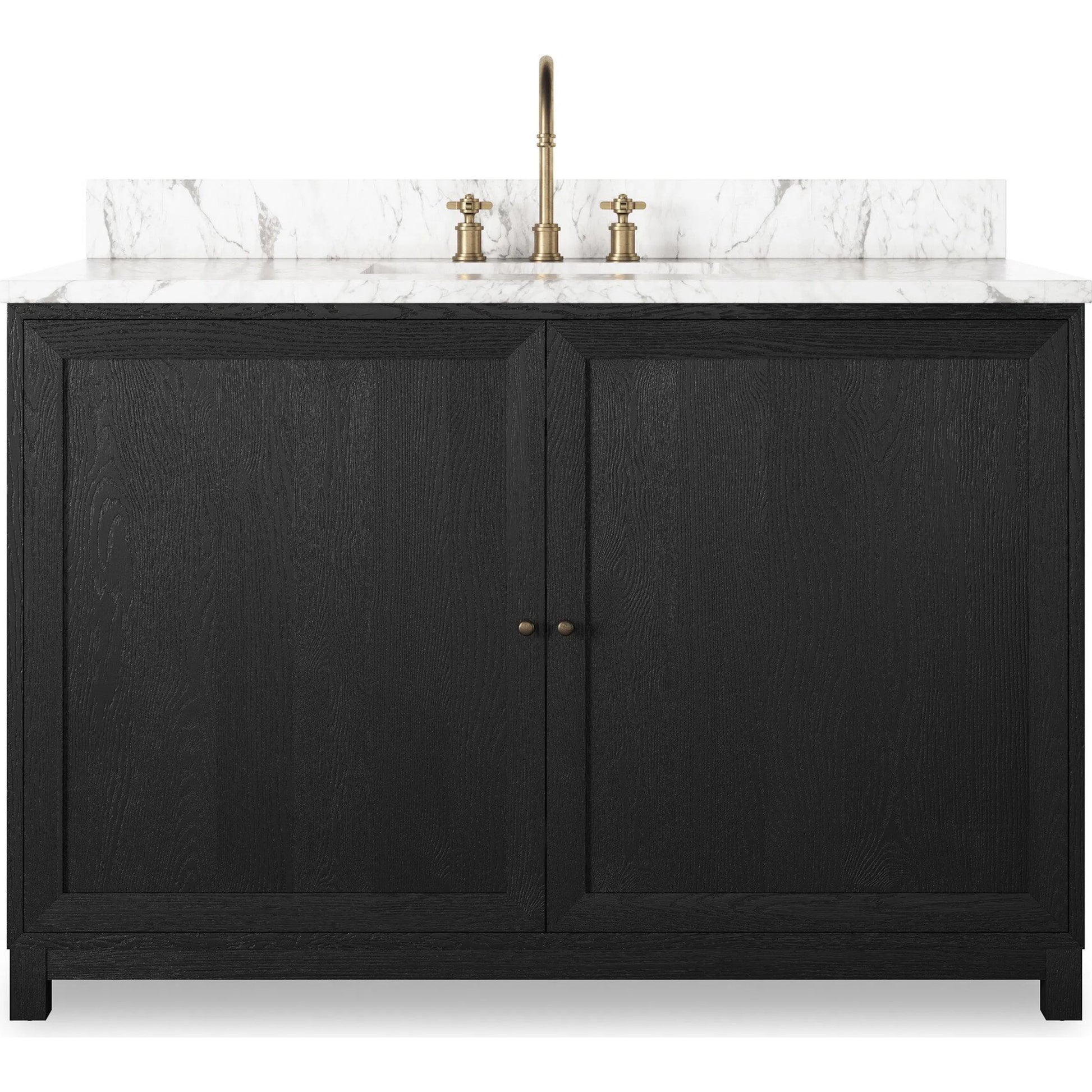 Millie Single Wide Vanity by Four Hands in satin drifted black veneer, carrara marble. Made from oak veneer, solid marble in a unique style.