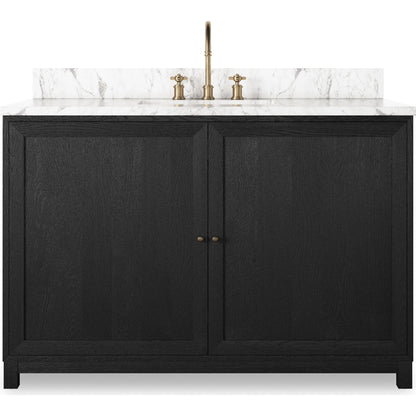 Millie Single Wide Vanity by Four Hands in satin drifted black veneer, carrara marble. Made from oak veneer, solid marble in a unique style.