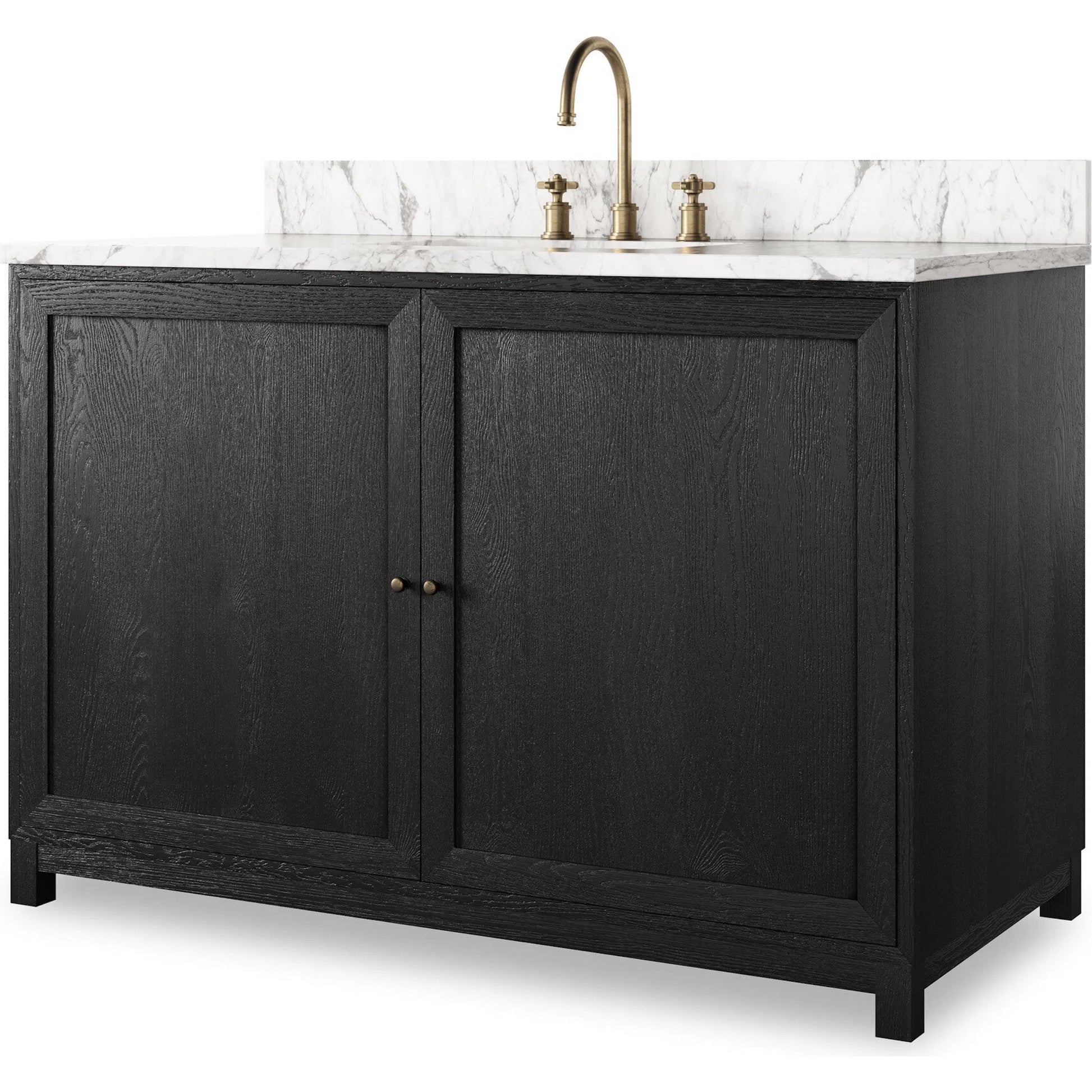 Millie Single Wide Vanity by Four Hands in satin drifted black veneer, carrara marble. Made from oak veneer, solid marble in a unique style.