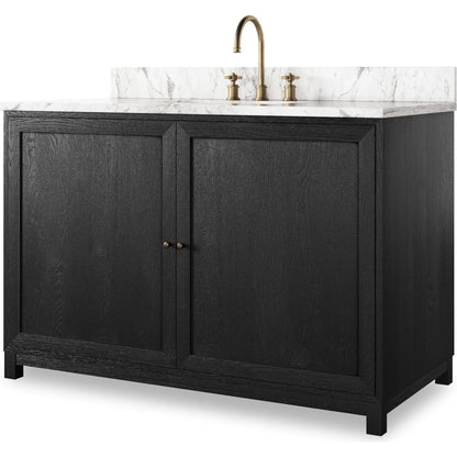 Millie Single Wide Vanity by Four Hands in satin drifted black veneer, carrara marble. Made from oak veneer, solid marble in a unique style.