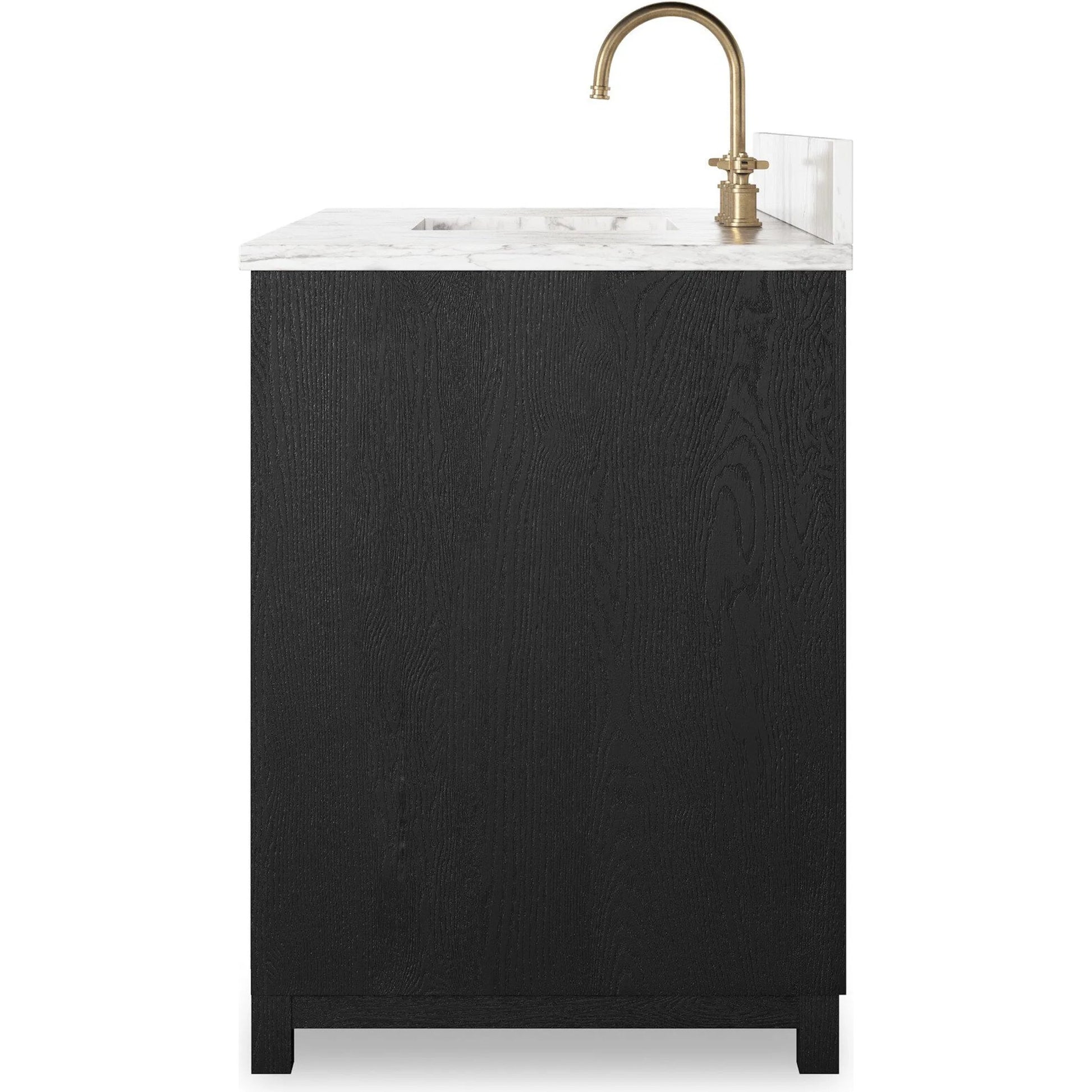 Millie Single Wide Vanity by Four Hands in satin drifted black veneer, carrara marble. Made from oak veneer, solid marble in a unique style.