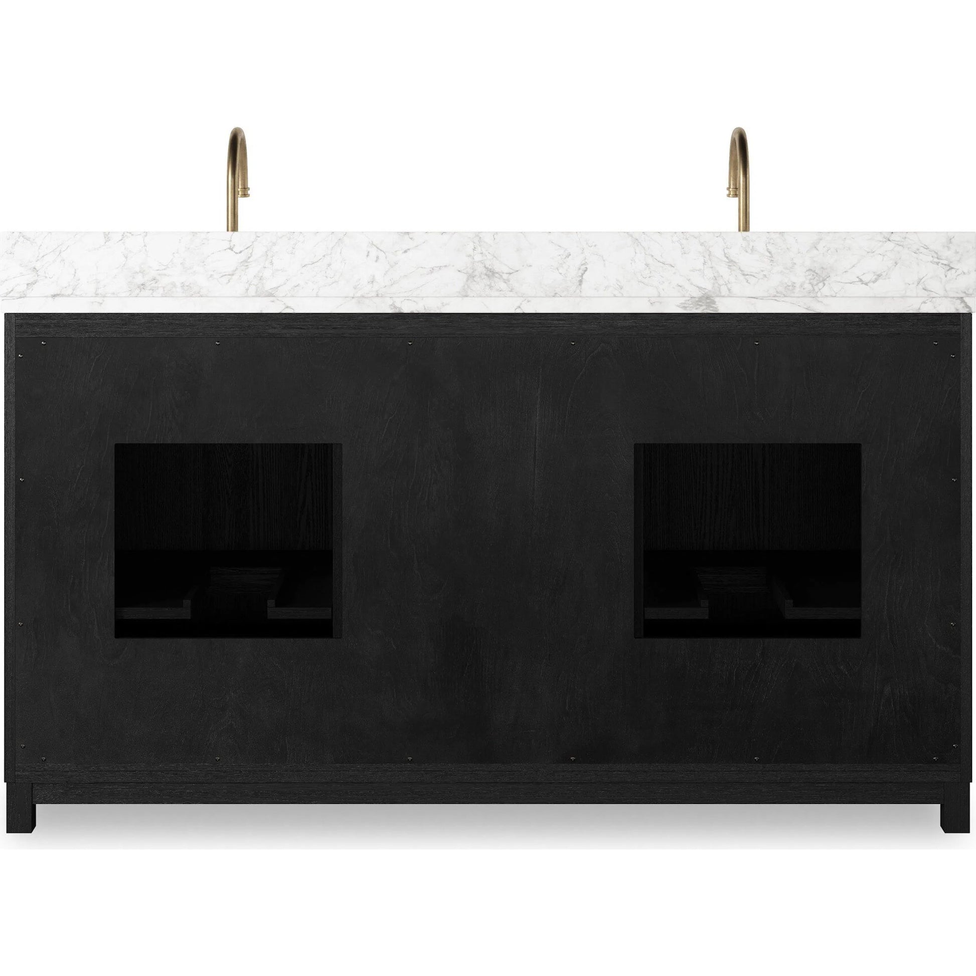Millie Double Vanity by Four Hands in satin drifted black veneer, carrara marble. Made from oak veneer, solid marble in a unique style.