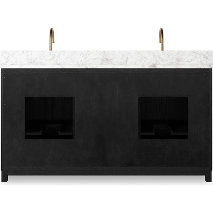 Millie Double Vanity by Four Hands in satin drifted black veneer, carrara marble. Made from oak veneer, solid marble in a unique style.