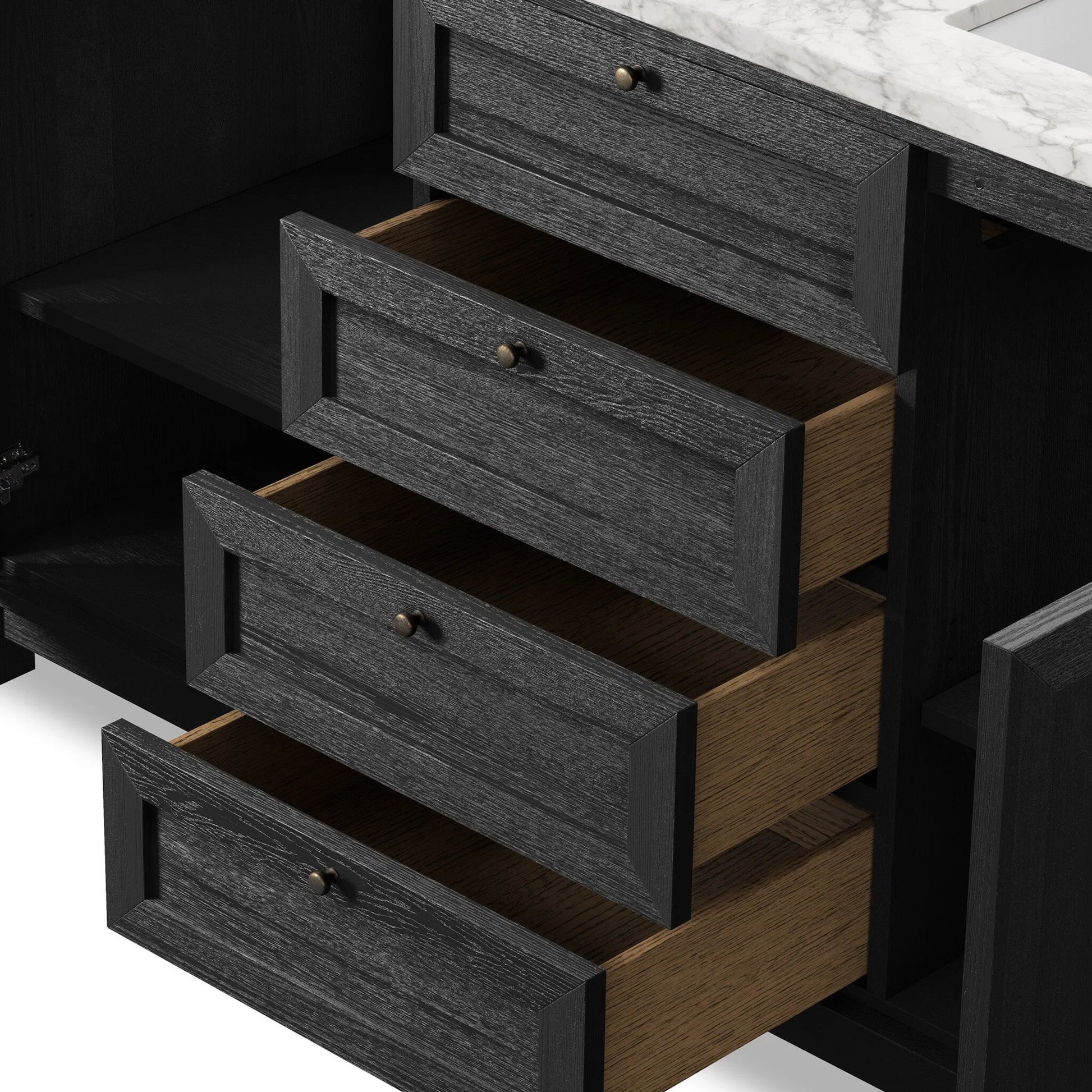Millie Double Vanity by Four Hands in satin drifted black veneer, carrara marble. Made from oak veneer, solid marble in a unique style.