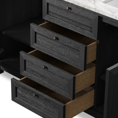 Millie Double Vanity by Four Hands in satin drifted black veneer, carrara marble. Made from oak veneer, solid marble in a unique style.