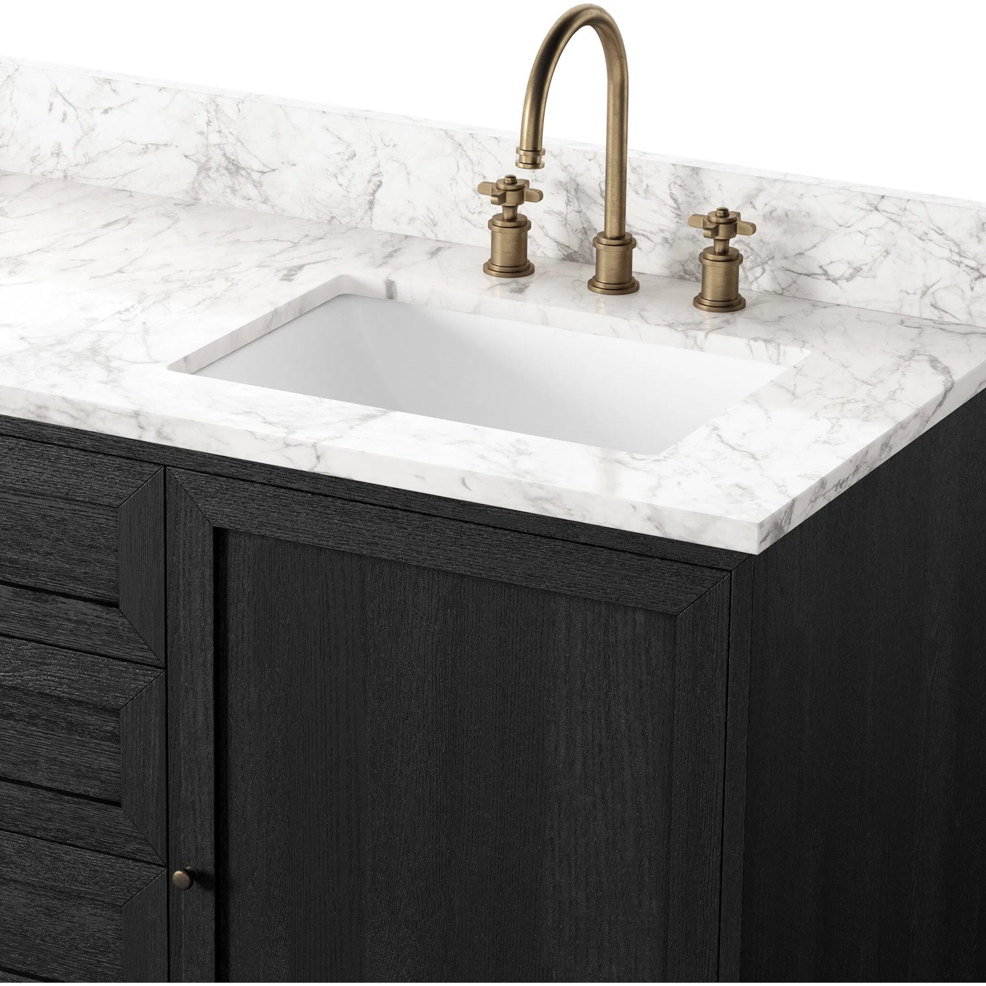 Millie Double Vanity by Four Hands in satin drifted black veneer, carrara marble. Made from oak veneer, solid marble in a unique style.