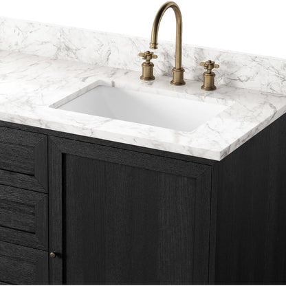 Millie Double Vanity by Four Hands in satin drifted black veneer, carrara marble. Made from oak veneer, solid marble in a unique style.