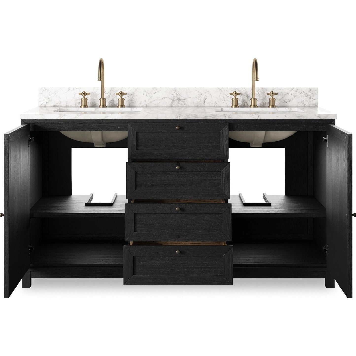 010 SI-2377101 | Closeup | Millie Double Vanity by Four Hands in satin drifted black veneer, carrara marble. Made from oak veneer, solid marble in a unique style.