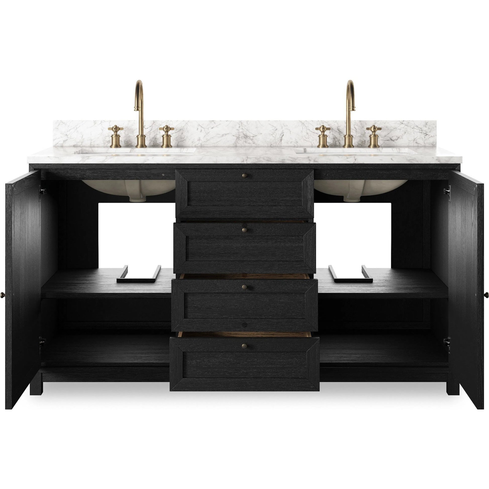 Millie Double Vanity by Four Hands in satin drifted black veneer, carrara marble. Made from oak veneer, solid marble in a unique style.