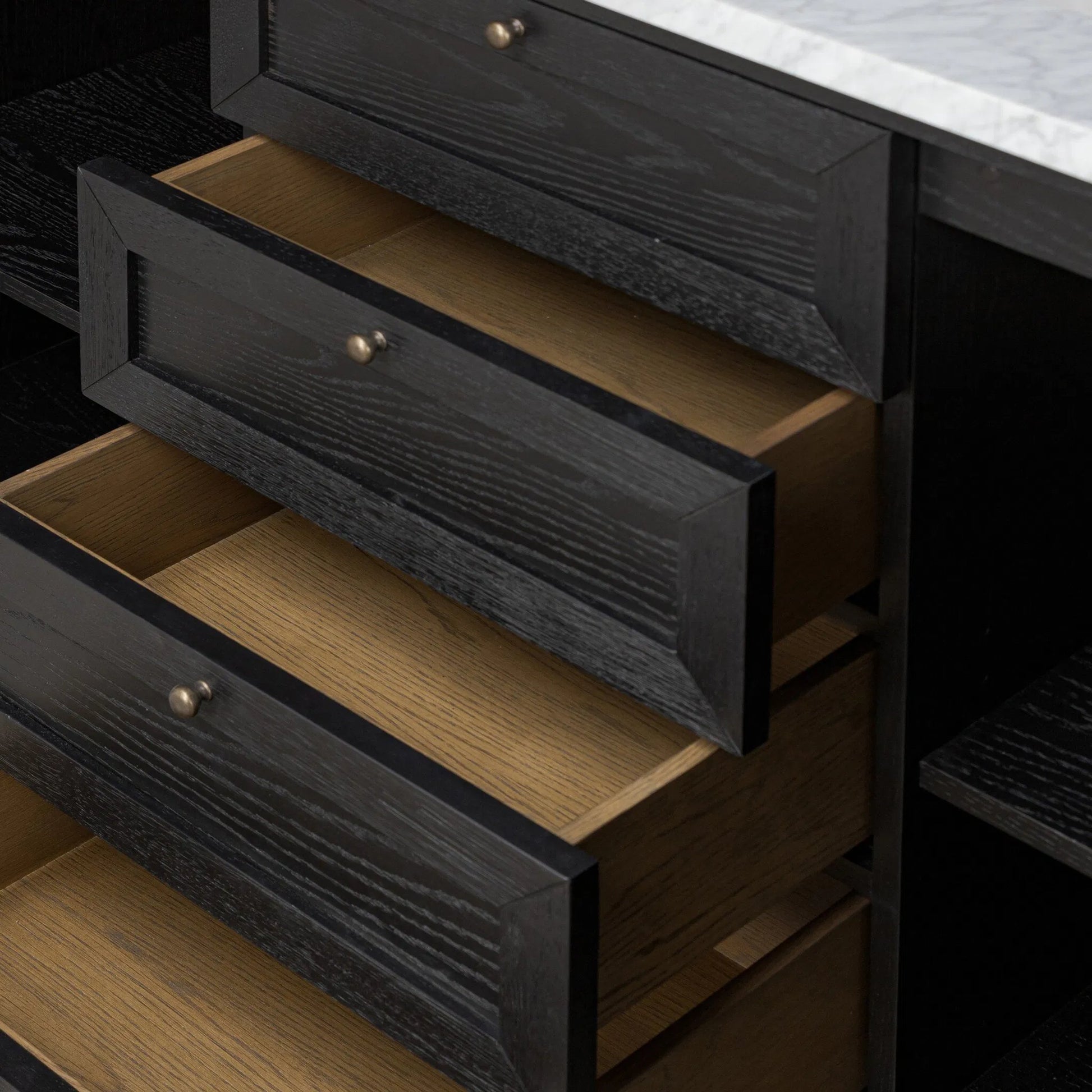 Millie Double Vanity by Four Hands in satin drifted black veneer, carrara marble. Made from oak veneer, solid marble in a unique style.