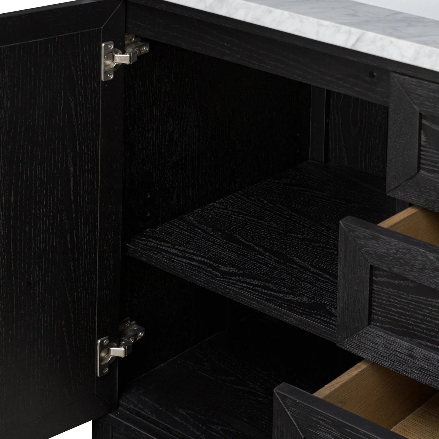 013 SI-2377101 | Closeup | Millie Double Vanity by Four Hands in satin drifted black veneer, carrara marble. Made from oak veneer, solid marble in a unique style.