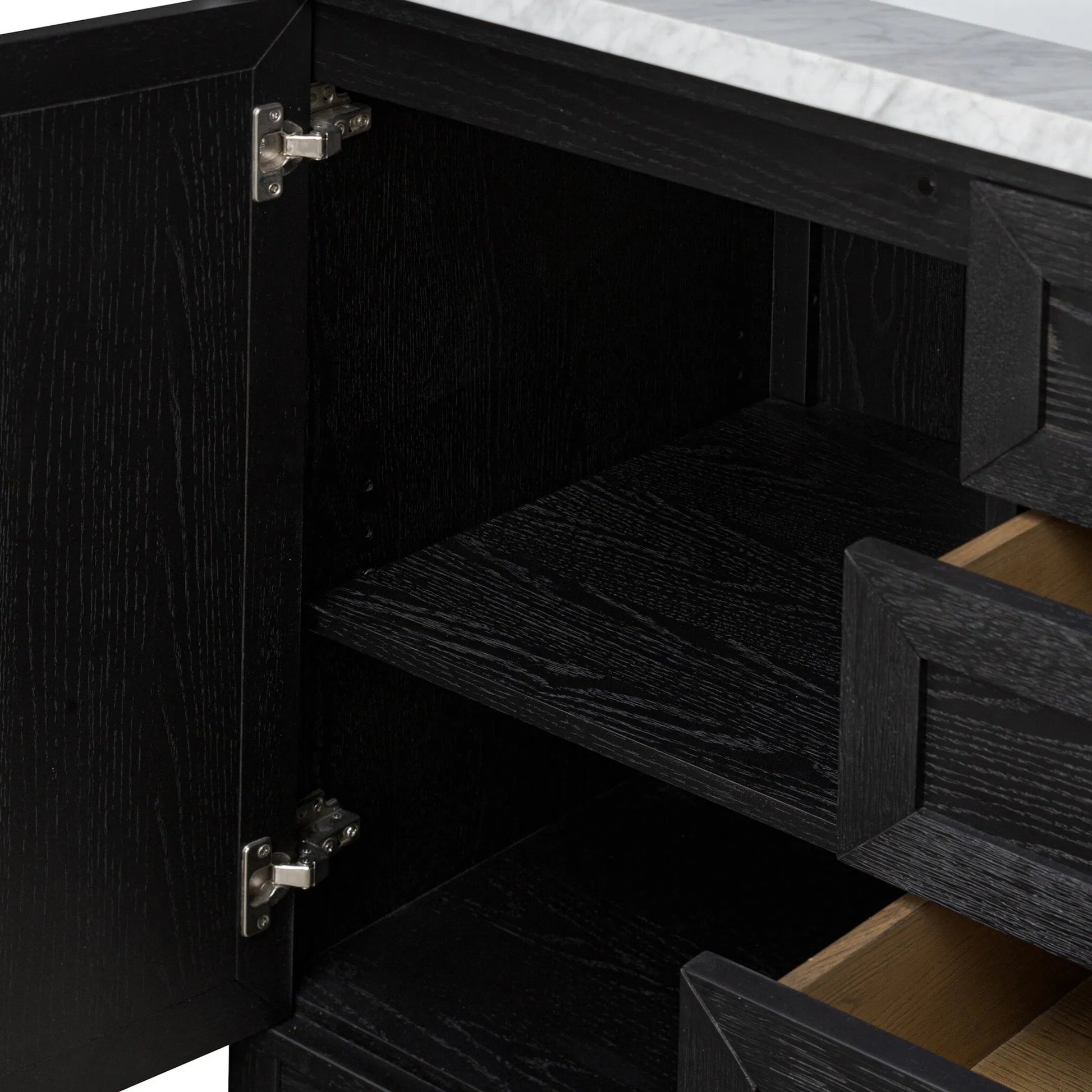 Millie Double Vanity by Four Hands in satin drifted black veneer, carrara marble. Made from oak veneer, solid marble in a unique style.