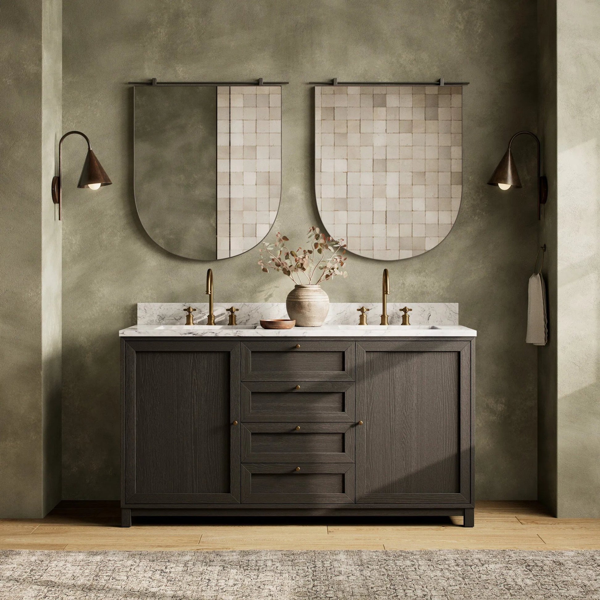 Millie Double Vanity by Four Hands in satin drifted black veneer, carrara marble. Made from oak veneer, solid marble in a unique style.