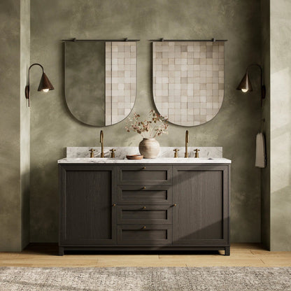Millie Double Vanity by Four Hands in satin drifted black veneer, carrara marble. Made from oak veneer, solid marble in a unique style.