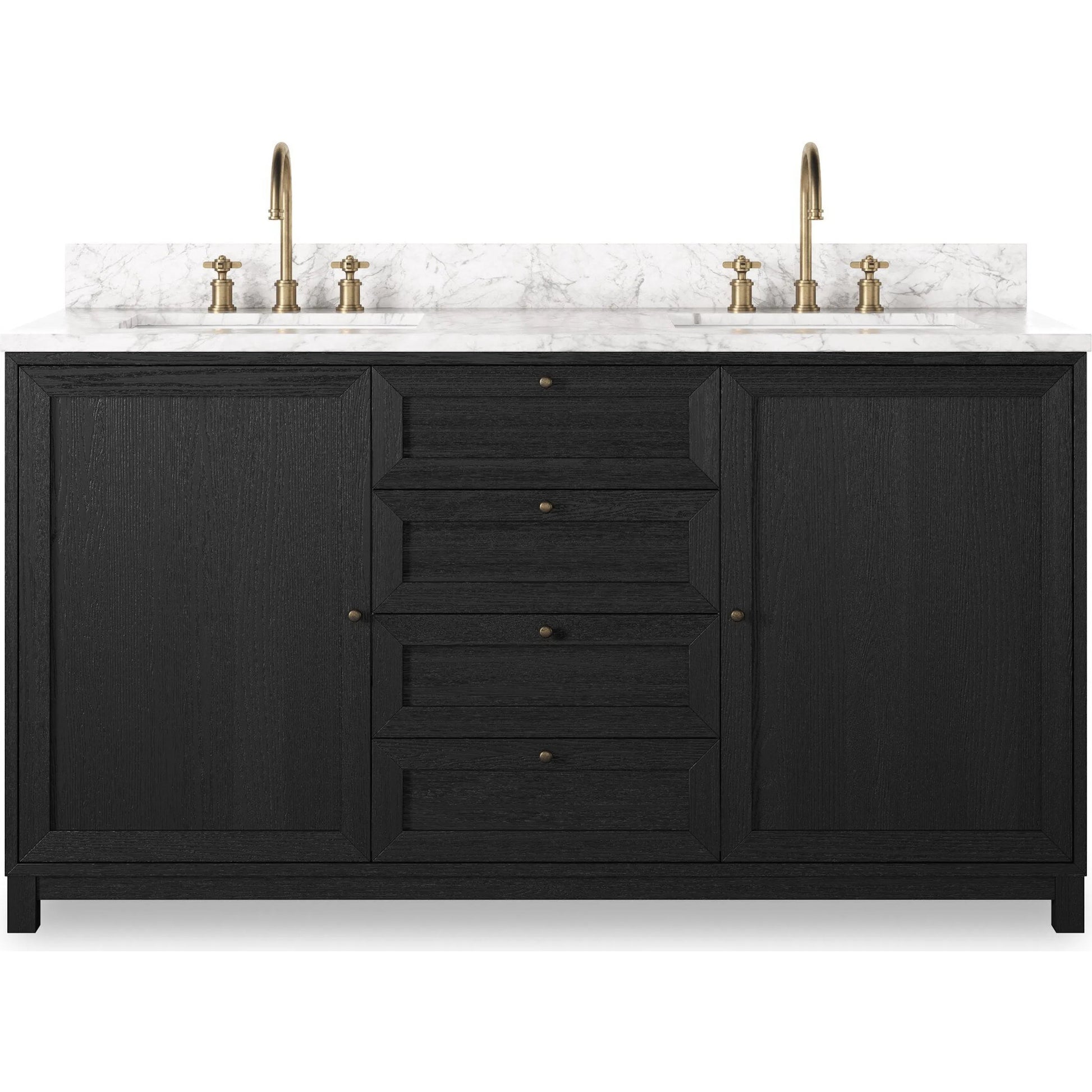 Millie Double Vanity by Four Hands in satin drifted black veneer, carrara marble. Made from oak veneer, solid marble in a unique style.
