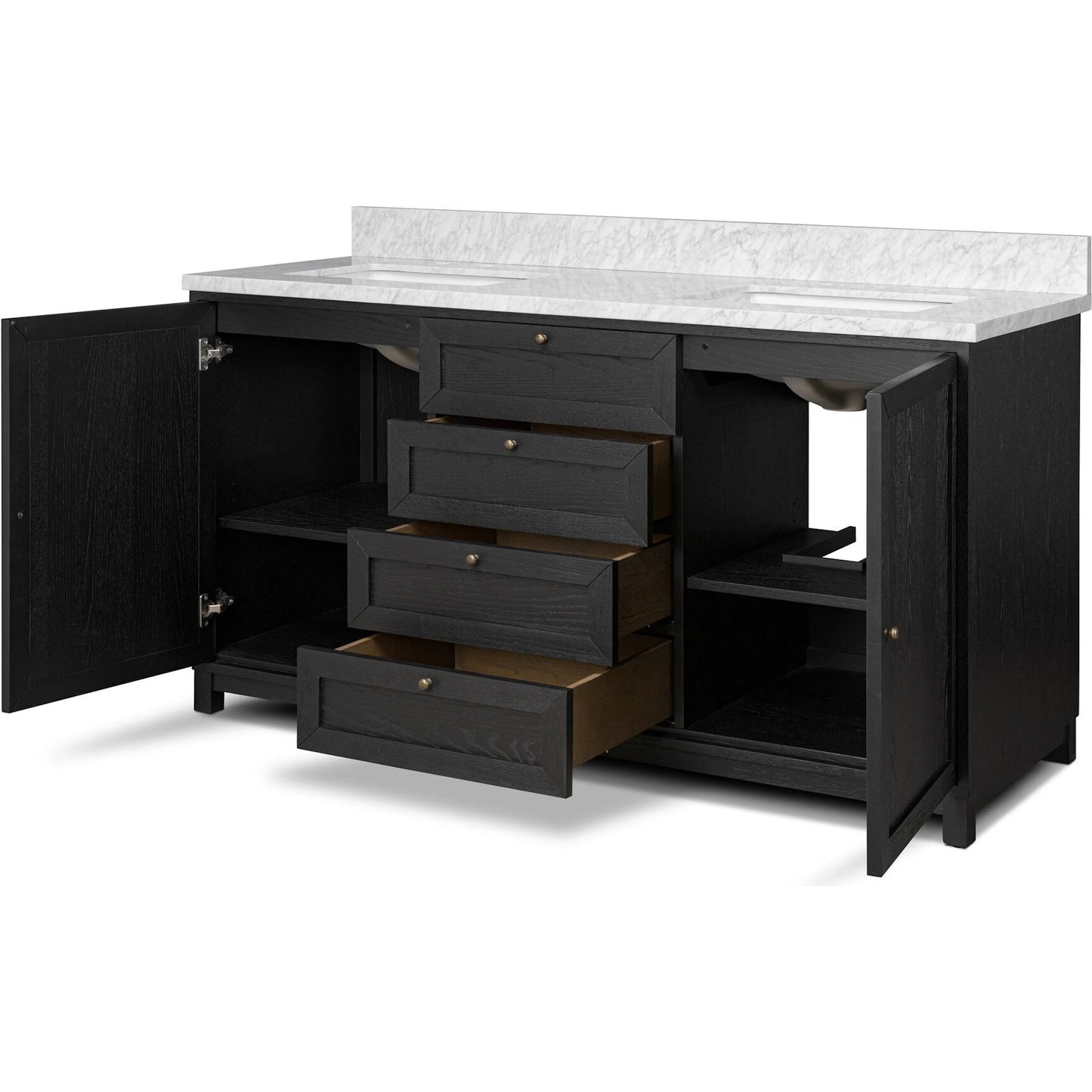 009 SI-2377101 | Closeup | Millie Double Vanity by Four Hands in satin drifted black veneer, carrara marble. Made from oak veneer, solid marble in a unique style.