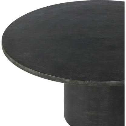 Basil Outdoor Round Dining Table by Four Hands in aged grey. Made from aluminum in a transitional style.